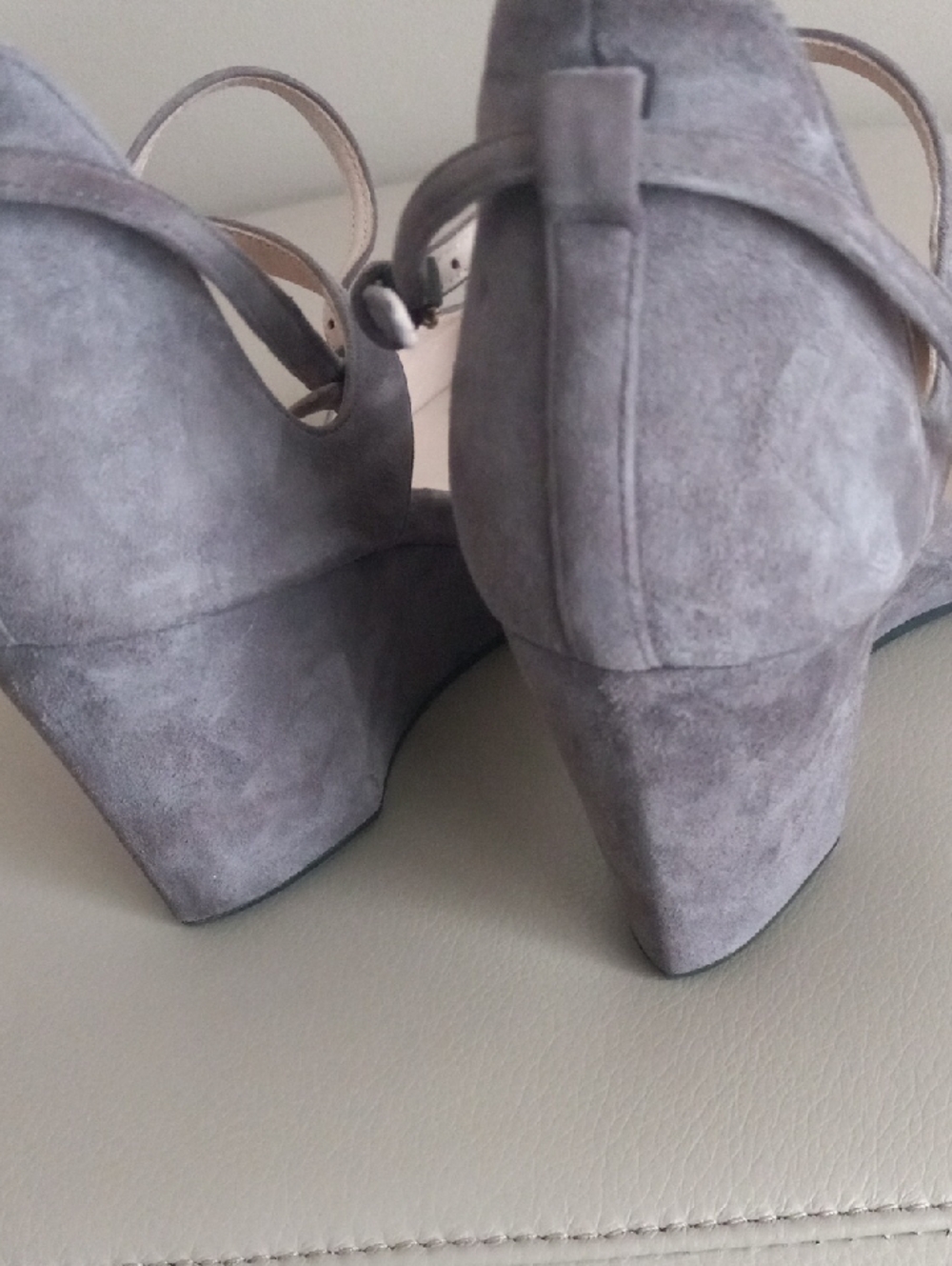 Cole Haan Gray Suede Architectural Wedge Heels with Buckled Ankle Strap Size 7.5 - Picture 8 of 16